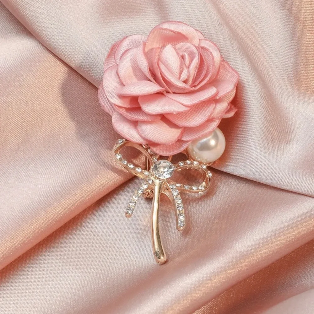 Pink Rose Brooch w/ Gold Bow and Pearl Accent, Fabric Rose Brooch, Flower Brooch